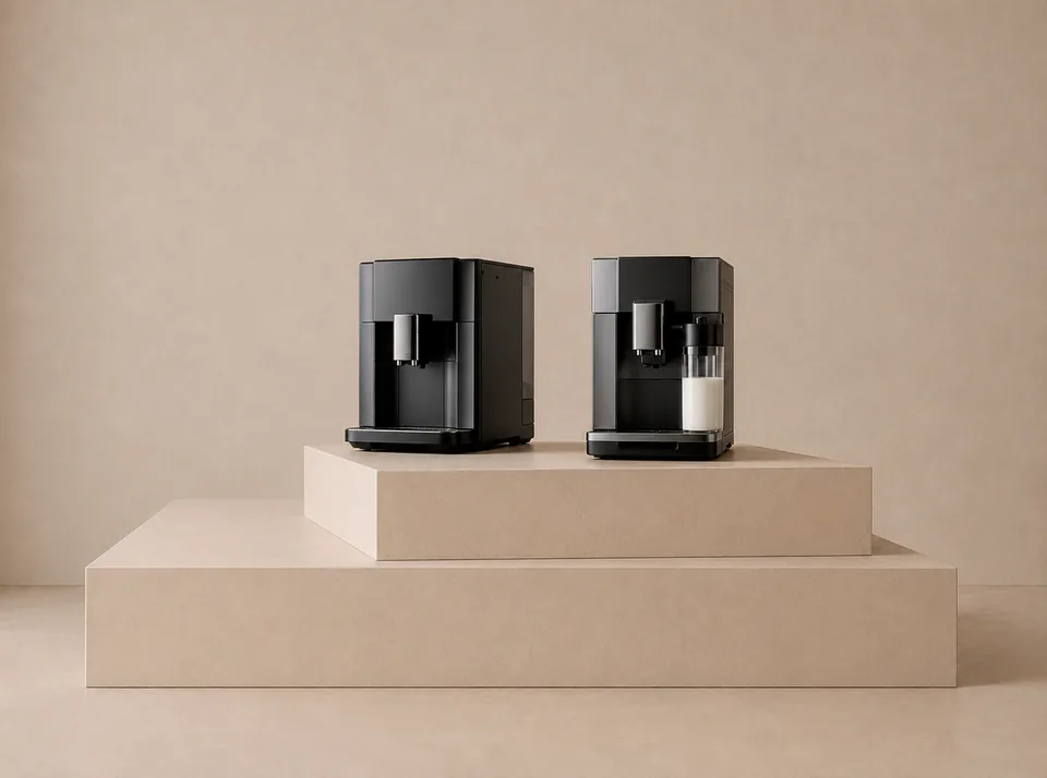 Two automatic coffee machines of different sizes displayed side by side on a neutral background