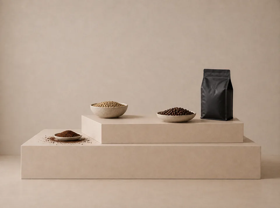 Different coffee beans and ground coffee displayed with a coffee bag on a neutral background.