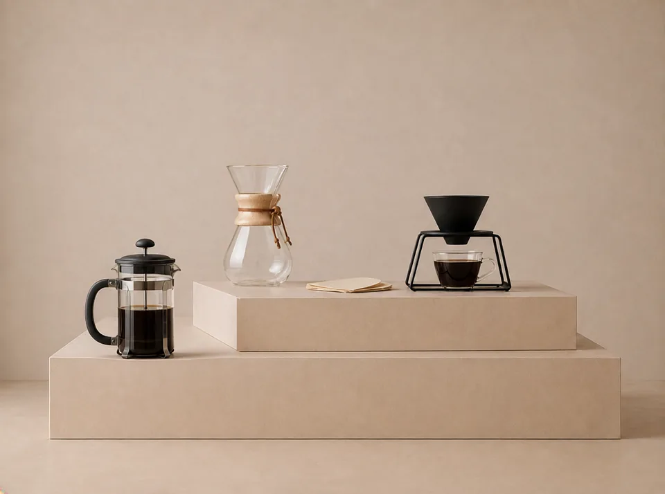 French press, Chemex and pour-over dripper compared side by side for choosing a brewing method