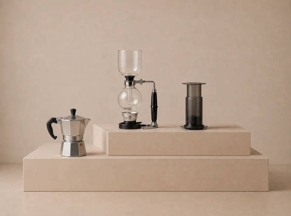 Moka pot, siphon and AeroPress displayed side by side as alternative coffee brewing methods
