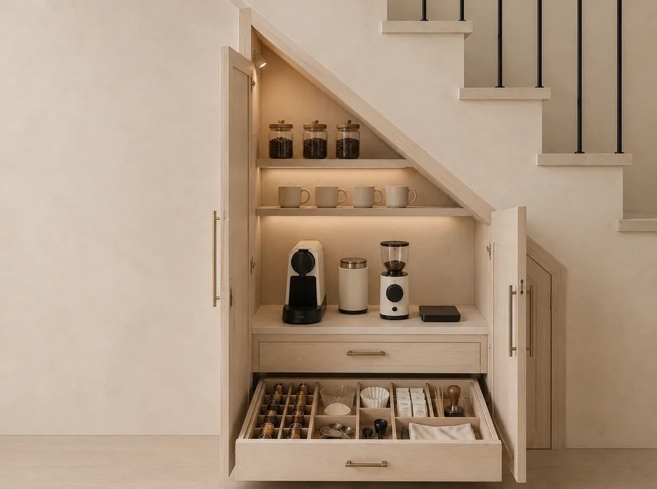 Coffee cabinet under a staircase with coffee equipment and storage