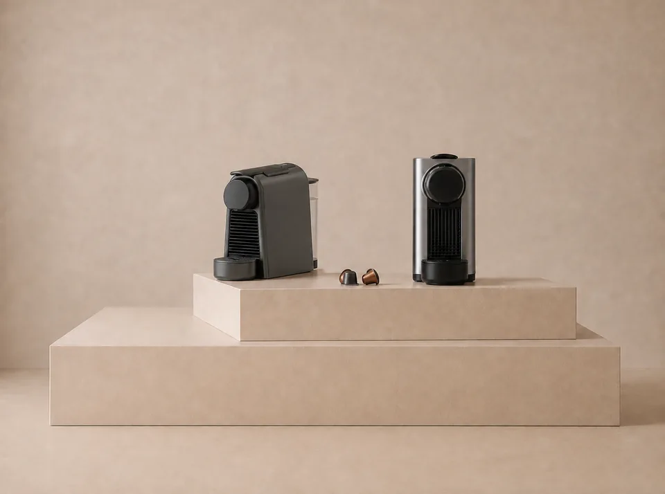 Two capsule coffee machines side by side with coffee capsules displayed between them on a neutral background