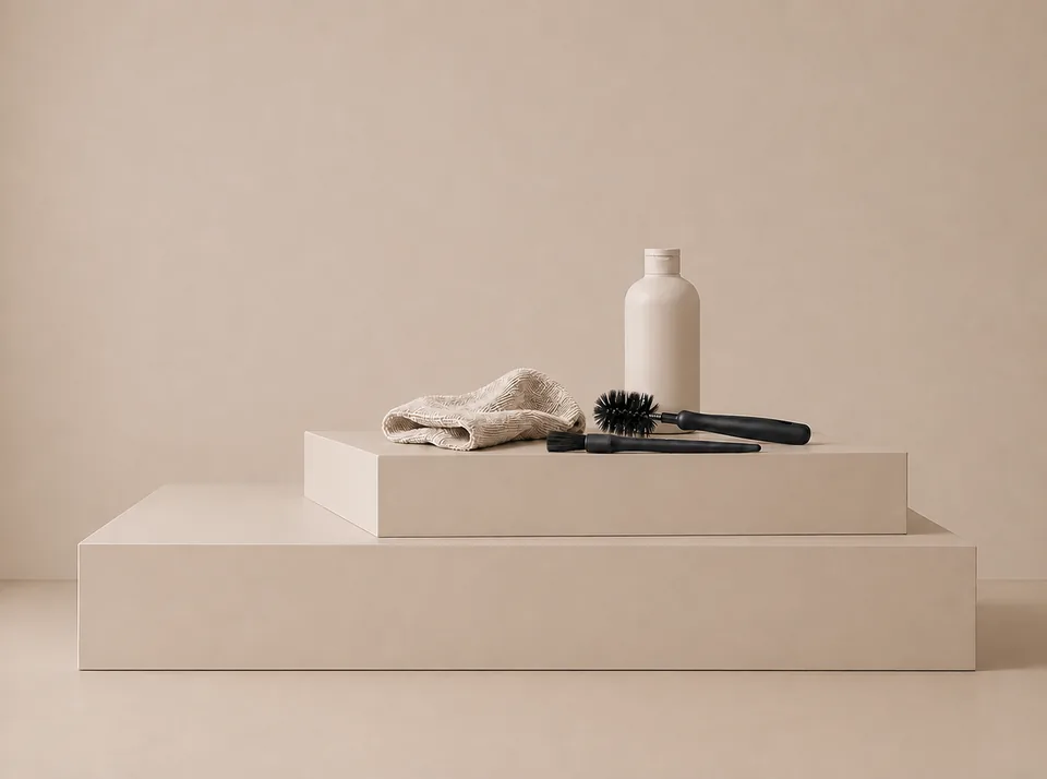 Coffee cleaning supplies with a cloth, cleaning brush and bottle on a neutral background.