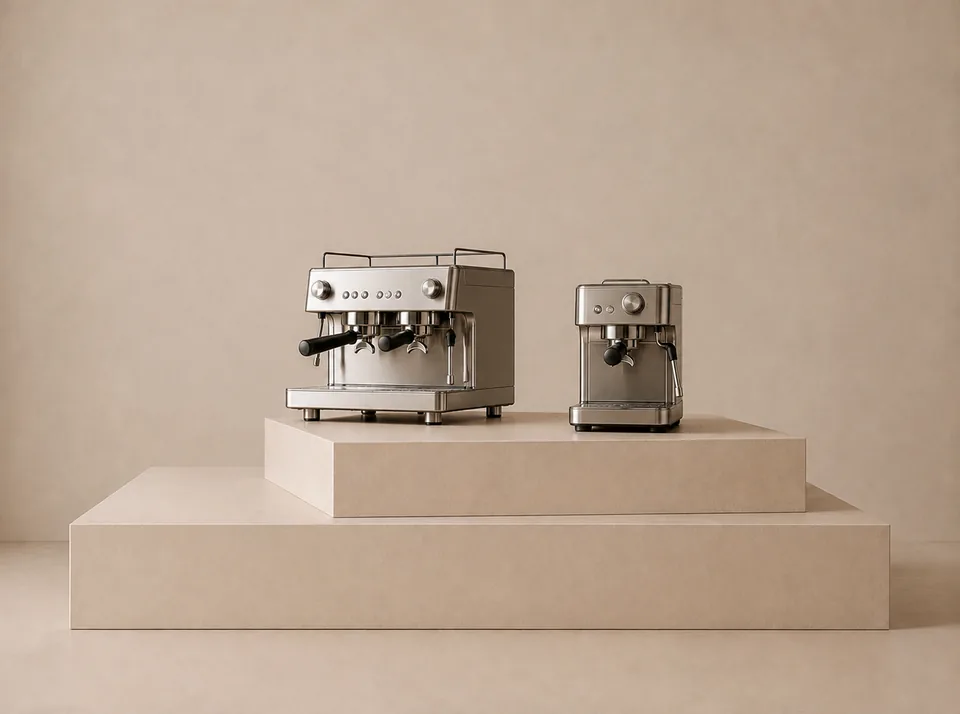 Two espresso machines of different sizes displayed side by side on a neutral background