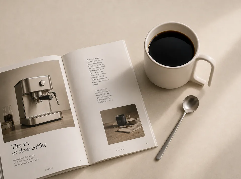 Open coffee book beside a cup of coffee, part of a coffee guides collection