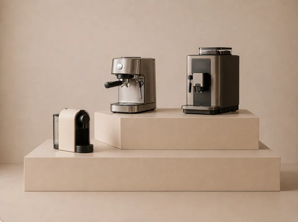Three types of coffee machines — espresso, capsule and automatic — displayed together for comparison