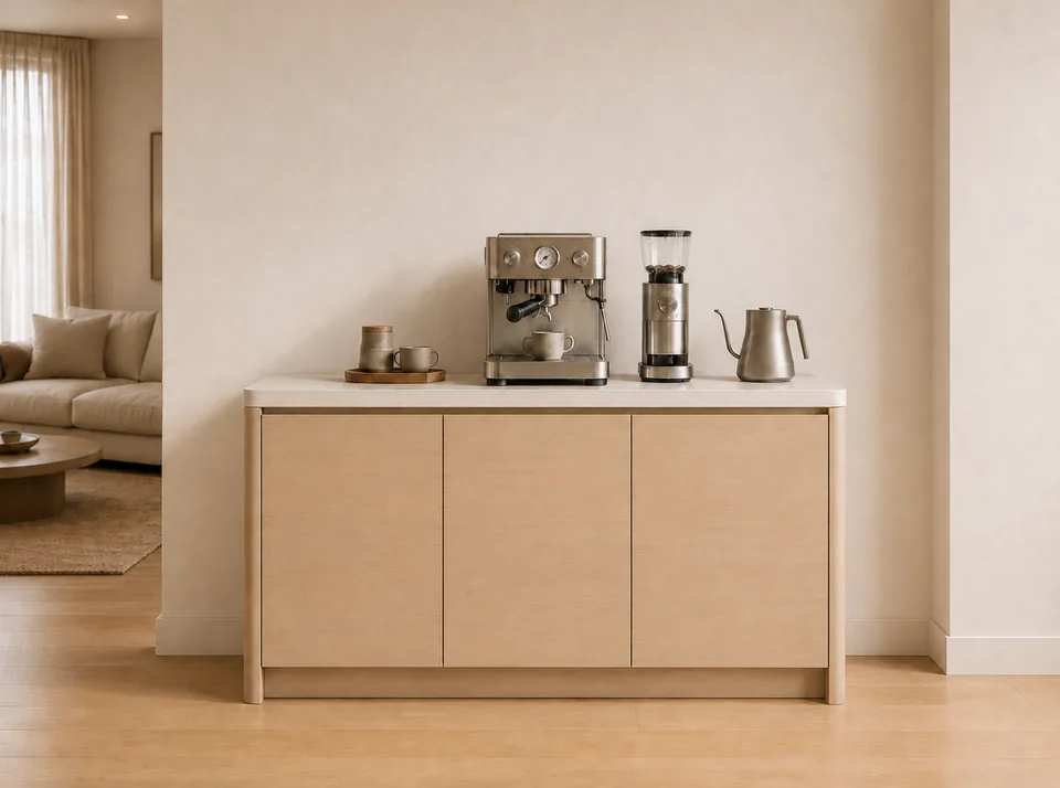 Coffee station with an espresso machine and grinder