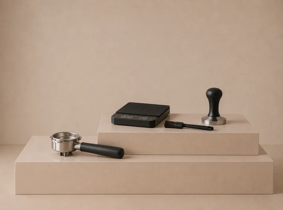 Portafilter, tamper and scale displayed together as essential coffee tools